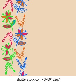 Pattern of vertical floral motif, doodles,spots, hole,flowers,branches, leaves, ellipses,  copy space, seamless. Hand drawn.