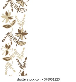 Pattern of vertical floral motif, doodles,spots, hole,flowers,branches, leaves, ellipses,  copy space, seamless. Hand drawn.