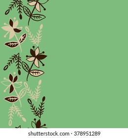 Pattern of vertical floral motif, doodles,spots, hole,flowers,branches, leaves, ellipses,  copy space, seamless. Hand drawn.