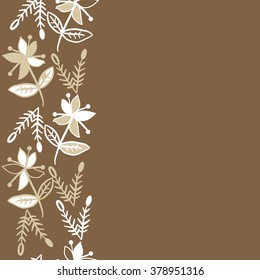 Pattern of vertical floral motif, doodles,spots, hole,flowers,branches, leaves, ellipses,  copy space, seamless. Hand drawn.