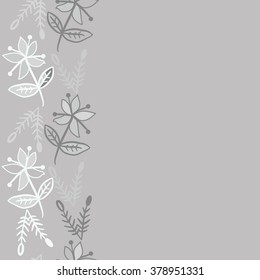 Pattern of vertical floral motif, doodles,spots, hole,flowers,branches, leaves, ellipses,  copy space, seamless. Hand drawn.
