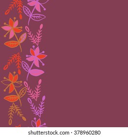 Pattern of vertical floral motif, doodles,spots, hole,flowers,branches, leaves, ellipses,  copy space, seamless. Hand drawn.