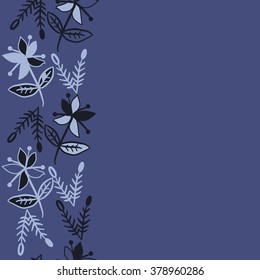 Pattern of vertical floral motif, doodles,spots, hole,flowers,branches, leaves, ellipses,  copy space, seamless. Hand drawn.