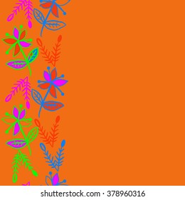 Pattern of vertical floral motif, doodles,spots, hole,flowers,branches, leaves, ellipses,  copy space, seamless. Hand drawn.