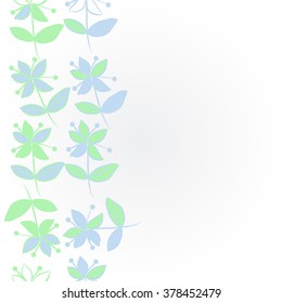 Pattern of vertical floral  motif, doodles,spots,branches, leaves, flowers, spots, copy space. Hand drawn.