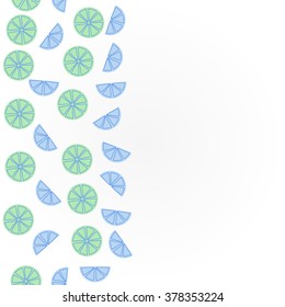 Pattern of vertical fruits  motif, doodles,spots,lemon, half,segment,circle, copy space. Hand drawn, autumn theme.