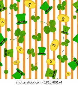 Pattern with vertical lines, shamrock clover leaves, gold coins and Saint Wig hat on seamless background