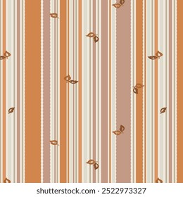 Padrão de listras verticais de diferentes larguras em tons de laranja em um fundo branco com folhas de outono
