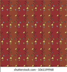 A pattern of vertical stripes with flowers. Thin yellow twigs on a dark background. Minimalism. Design. Vector image. Line drawing. The simplest stylization. Textile print. Small flowers.