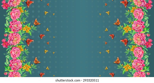 pattern of vertical stripes of peony flowers with  leaves and butterflies