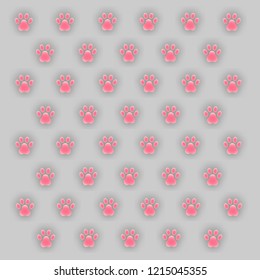 pattern of very cute pink cat's footsteps on grey background. vector illustration 