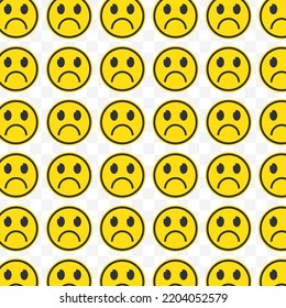 Pattern of very sad emoticons in transparent background with mini doodle (icons). Vector Illustration