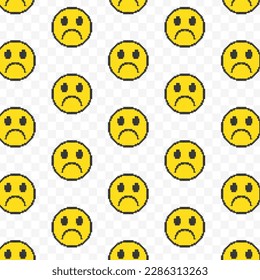 Pattern of very sad  emoticons in transparent background. 8-bit pixel art backdrop. Vector illustration. Vector Illustration