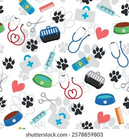 Pattern of Veterinary and Pet Shop Items - Footprints, Medicine bag, Carrying Box, Syringe, Stethoscope, Food, Water, Scissors Comb and Hearts. Seamless Link.