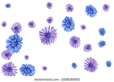  pattern of vibrant blue and purple flowers on a white background. Perfect for textiles, wallpapers, and spring-themed designs. Adds an elegant and fresh touch to any project.
