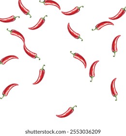 pattern of vibrant red chili peppers on a white background. Perfect for culinary themed designs, or spicy food packaging. The vivid colors and realistic details make it eye catching and appealing