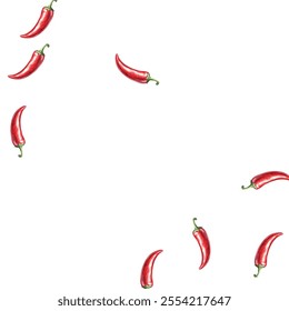 pattern of vibrant red chili peppers on a white background. Perfect for culinary themed designs, or spicy food packaging. The vivid colors and realistic details make it eye catching and appealing