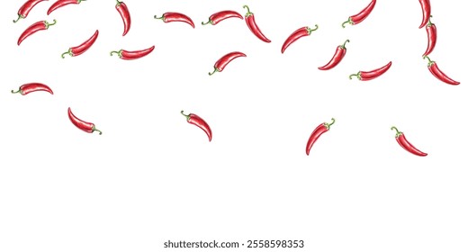 pattern of vibrant red chili peppers on a white background. Perfect for culinary themed designs, or spicy food packaging. The vivid colors and realistic details make it eye catching and appealing