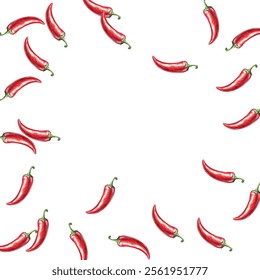 pattern of vibrant red chili peppers on a white background. Perfect for culinary themed designs, or spicy food packaging. The vivid colors and realistic details make it eye catching and appealing