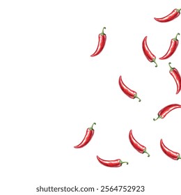 pattern of vibrant red chili peppers on a white background. Perfect for culinary themed designs, or spicy food packaging. The vivid colors and realistic details make it eye catching and appealing