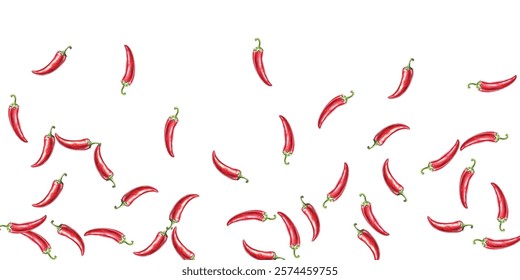 pattern of vibrant red chili peppers on a white background. Perfect for culinary themed designs, or spicy food packaging. The vivid colors and realistic details make it eye catching and appealing