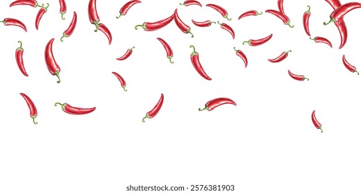 pattern of vibrant red chili peppers on a white background. Perfect for culinary themed designs, or spicy food packaging. The vivid colors and realistic details make it eye catching and appealing