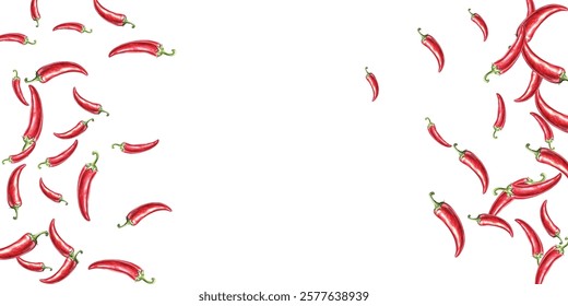 pattern of vibrant red chili peppers on a white background. Perfect for culinary themed designs, or spicy food packaging. The vivid colors and realistic details make it eye catching and appealing