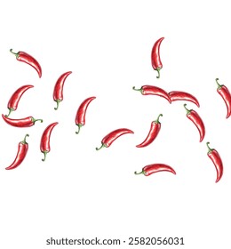 pattern of vibrant red chili peppers on a white background. Perfect for culinary themed designs, or spicy food packaging. The vivid colors and realistic details make it eye catching and appealing