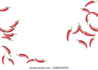 pattern of vibrant red chili peppers on a white background. Perfect for culinary themed designs, or spicy food packaging. The vivid colors and realistic details make it eye catching and appealing