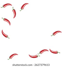 pattern of vibrant red chili peppers on a white background. Perfect for culinary themed designs, or spicy food packaging. The vivid colors and realistic details make it eye catching and appealing