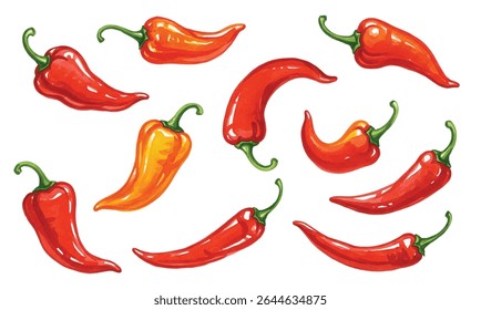 pattern of vibrant red chili peppers on a white background. Perfect for culinary-themed designs, kitchen decor, or food packaging. The bright colors and realistic details make it eye-catching and vers