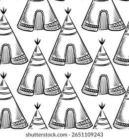 Pattern of vibrant teepees set against a clean, white background showcasing a playful design for various creative projects