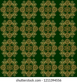 Pattern in Victorian style on a green background. Luxury floral frames and ornate decor. Vector golden elements for vignettes and borders or design template.
