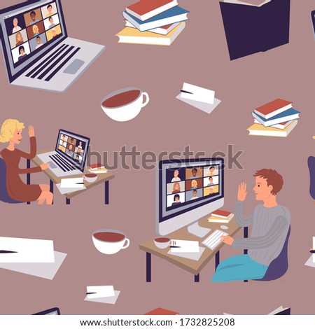 Pattern video conference call via computer. Home office. Stay at home and work from home concept during Coronavirus pandemic.
Vector. Cartoon illustration.