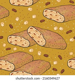 Pattern with Viennese apple strudel and raisins. Baking illustration
