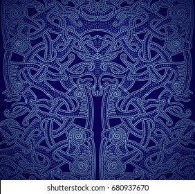 Pattern Vikings. Pattern background blue. Abstract cute pattern with hand drawn elements. Seamless abstract pattern for printing on fabric or paper. Celtic knots. Texture.