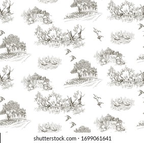 Pattern with village scenes with trees, house, birds in toile de jouy style