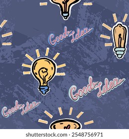 Pattern, vintage background with texture, light bulbs and handwritten “Good idea”. Hand draw. Vector, isolated, doodle. Ink and interesting colors. 