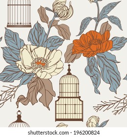Pattern with vintage birdcages, leaves and flower. vector eps10