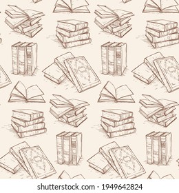 Patrón de libros antiguos, colección de libros retro, escketch dibujado a mano
