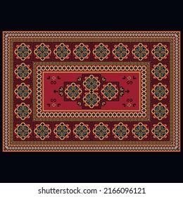 Pattern of a vintage carpet in red tones with a patterned border and a red center with patterned rhombuses in pink, black and blue on a black background