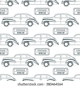 Pattern with vintage cars and license plates in a linear style. Vector illustration.