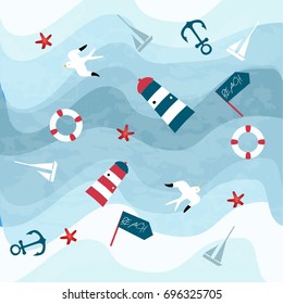 Pattern Vintage cute adorable beach funny item,light house,sea anchor,seagull, pastel romantic vector background illustration by hand draw doodle cartoon comic style,invitation card
