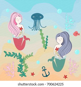 Pattern Vintage cute adorable ocean beach,star fish,sea anchor,mermaid, pastel romantic vector background illustration by hand draw doodle cartoon comic style,invitation card