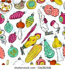 Pattern of vintage hand drawn balls and toys. Christmas and New Year design elements.