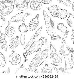 Pattern of vintage hand drawn balls and toys. Christmas and New Year design elements.