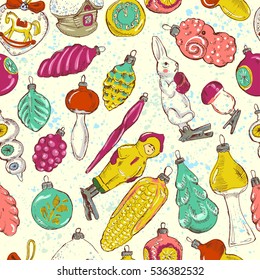 Pattern of vintage hand drawn balls and toys. Christmas and New Year design elements.