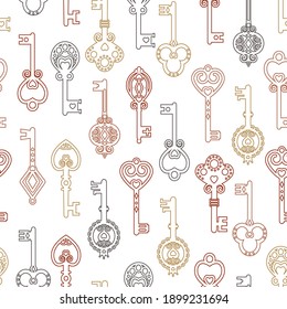 Pattern of vintage keys made by contour, thin line, vector illustration, background, texture, textile