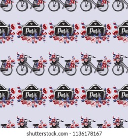 Pattern with vintage signboard with rose flowers and city bike with basket with flowers. Hand drawn graphic illustration with French symbols. Vector watercolor style vintage seamless background.