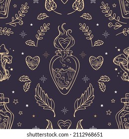 Pattern in vintage style for Valentines Day. Boiling magic witch love potion in a vial, heart shaped steam, star magic mushrooms. For wallpaper, printing on fabric, wrapping, background.